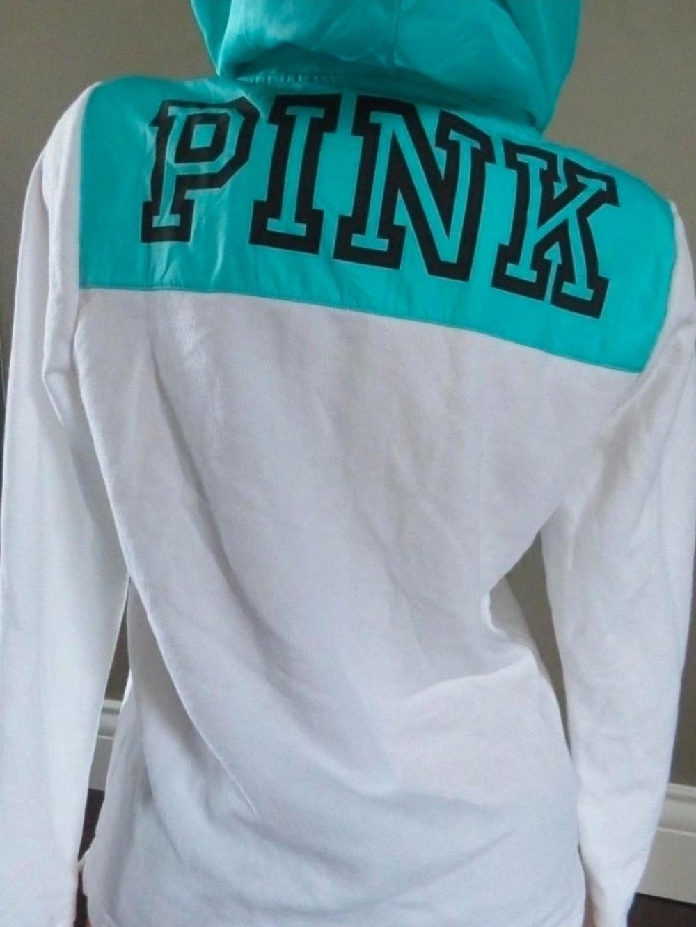 PINK Victoria's Secret Womans Long Sleeve Hoodie - White with Teal Panel Size S